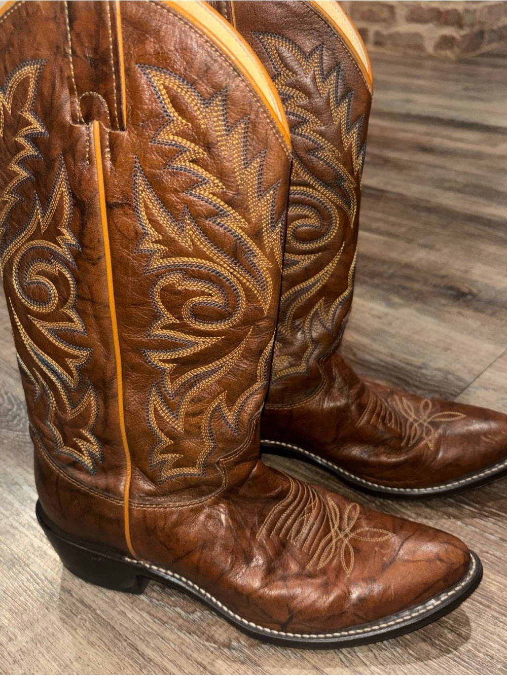 Justin Mens Brown Leather Western Cowboy Boots - Embroidered Pull-On Sz 8D